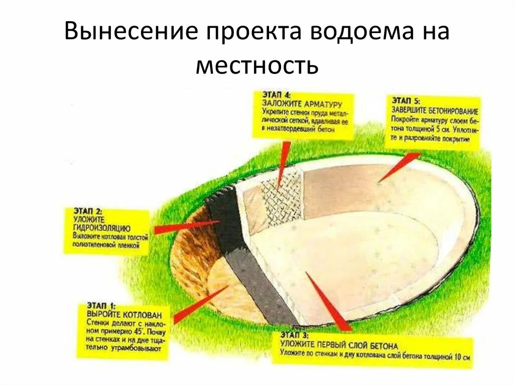 Какой глубины должен быть пруд. Пруд из бетона чертеж. бетонный пруд схема. схема устройства пруда из бетона. схема устройства водоема с бетонной чашей.