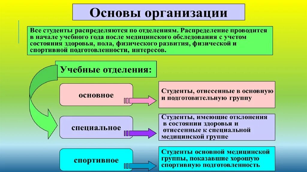 Организация санитарной группы. Физическое воспитание студентов. Основная подготовительная специальная. Отклонения в состоянии здоровья. Методика занятий с детьми имеющими отклонения в состоянии здоровья.