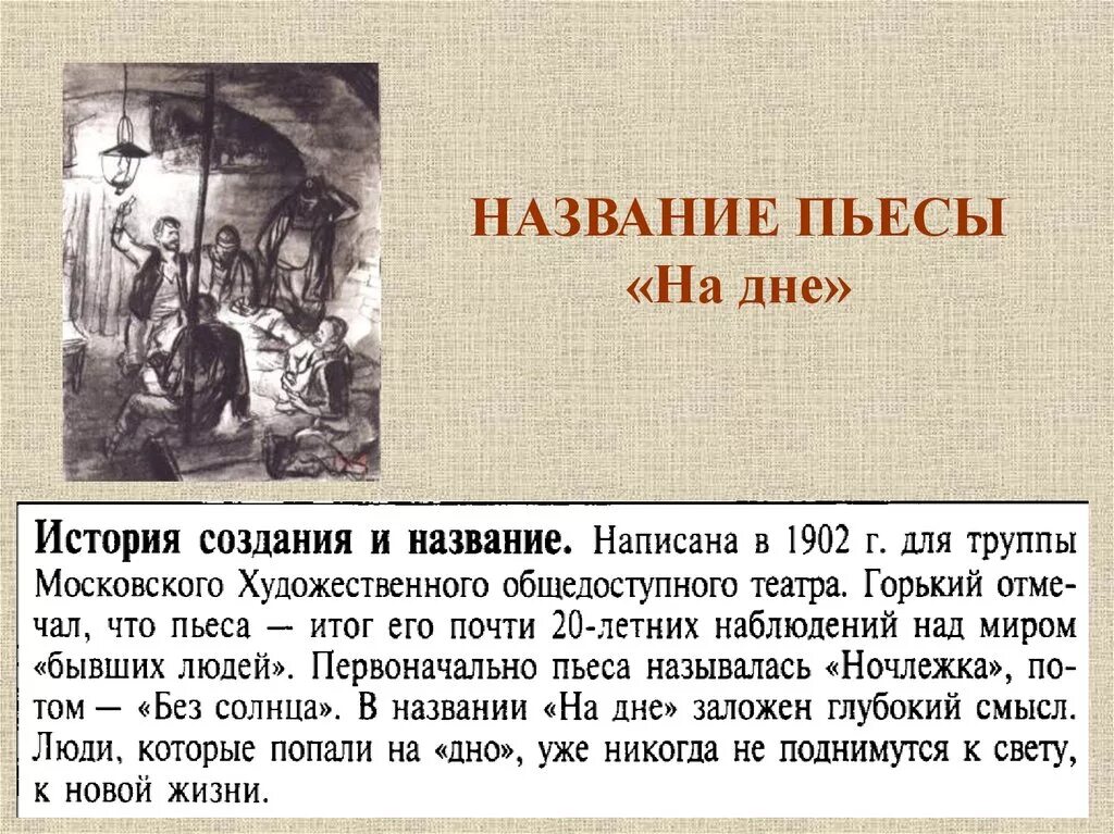 Как вы понимаете слова м горького. На дне: пьеса. На дне Горький. Названия пьесы на дне. Пьеса на дне презентация.