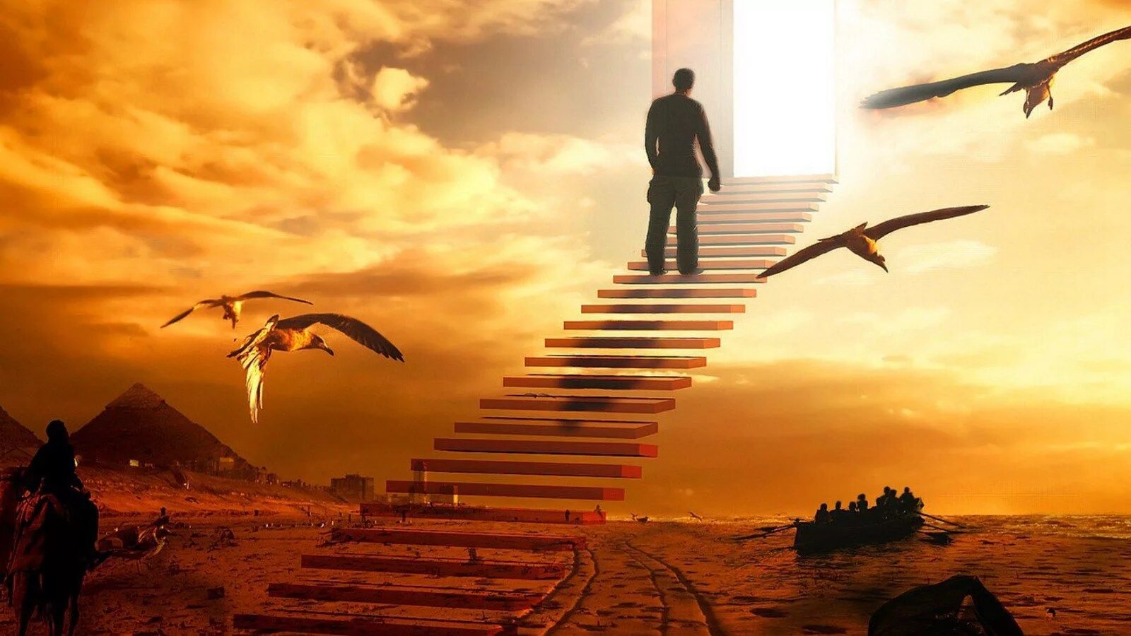 Лестница жизни. Человек на лестнице в небо. Дорога на тот свет. Стремление к счастью.