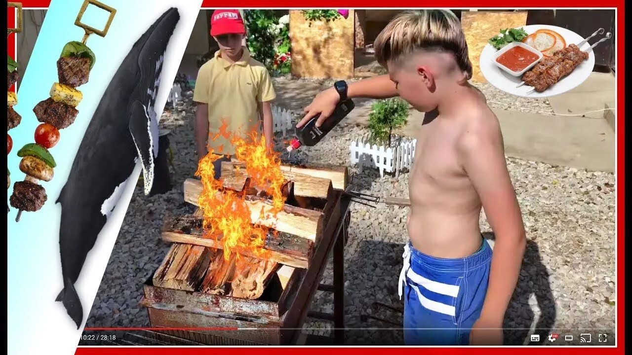 Дети жарят шашлык. Ребенок с шашлыком.