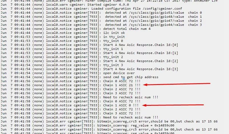 Cgminer. Cgminer[2193]: Bitmain_Scanreg: reg_value = 0x00001f5b. Асик l3+ ошибки hw. Bitmain Scanreg crc5 Error. Brom cmd fail