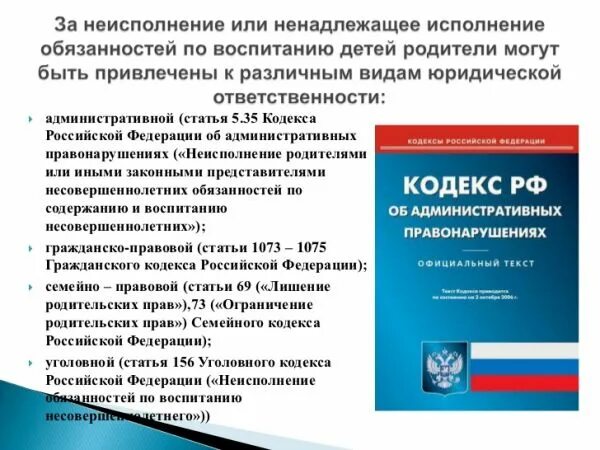 Ненадлежащее исполнение обязанностей по воспитанию. Юридические статьи. Ненадлежащее исполнение родительских обязанностей картинки. Правовая грамотность несовершеннолетних. Детский правовой кодекс.