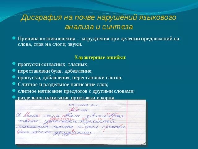 Дисграфия ошибки. Дисграфия на почве анализа синтеза. Дисграфия на почве нарушения языкового анализа. Характерные ошибки при дисграфии.