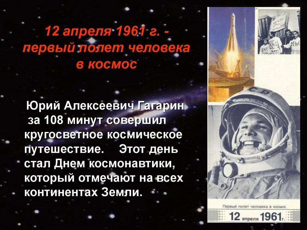 Учатся ли в день космонавтики. 1961 Первый полет человека в космос. 12 Апреля Гагарин 1 полет.