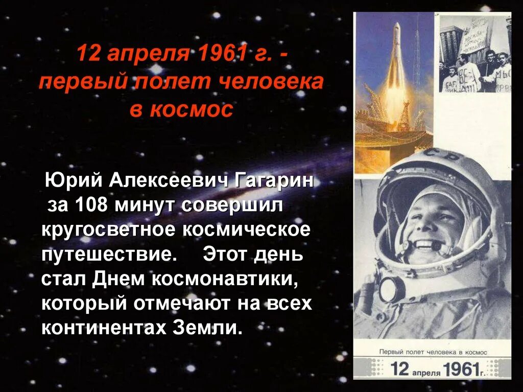 День космонавтики первый человек в космосе. 1961 Первый полет человека в космос. 12 Апреля Гагарин 1 полет.