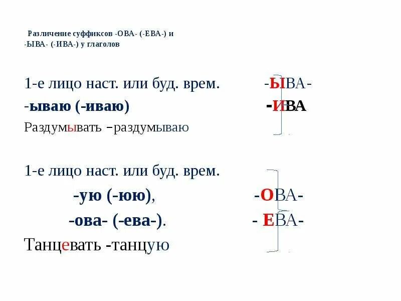 Предложение с суффиксом ев. Правописание суффиксов глаголов ыва.