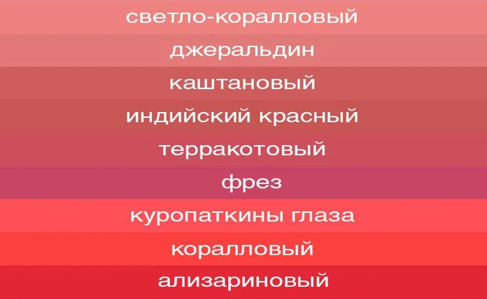 Красное сравнение. Оттенки малинового цвета. Оттенки кораллового цвета. Оттенки красного коралловый. Оттенки красного цвета названия.