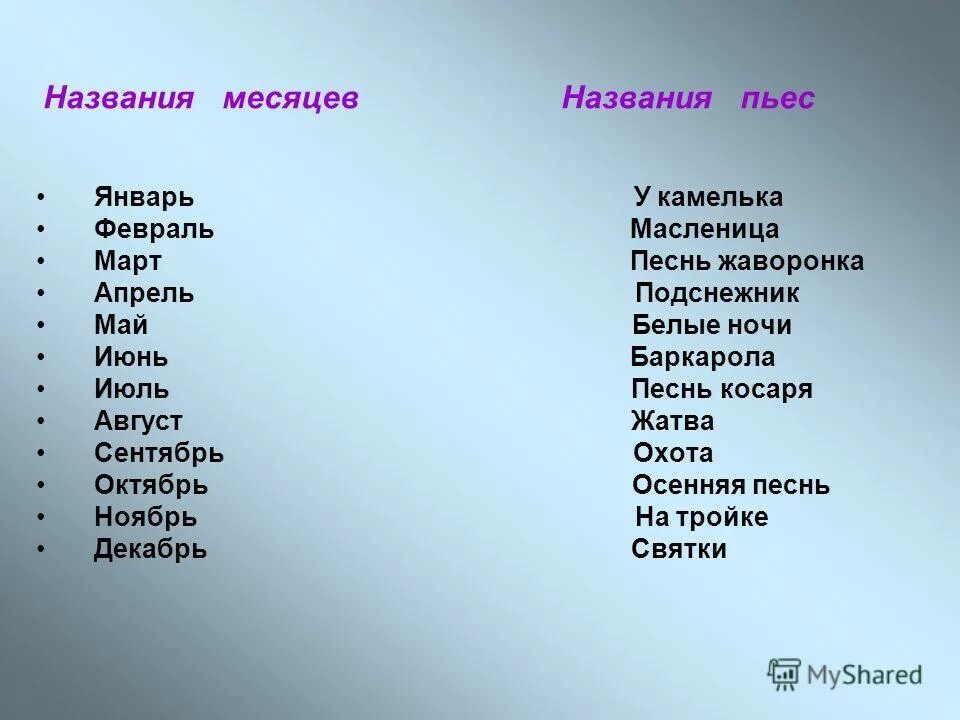 Придумать название произведения. Название пьес. Названия музыкальных произведений. Название произведения. Название месяцев.