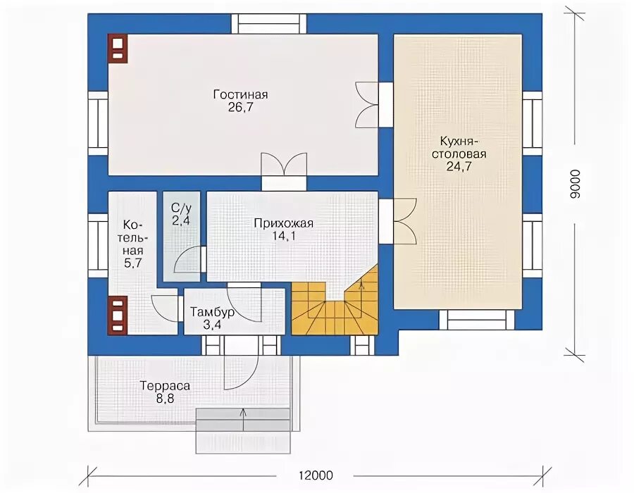 Проект дома из газобетона 50 кв м Проект дома из кирпича 6,5х8 ВНП-719-63 строительство "под ключ"
