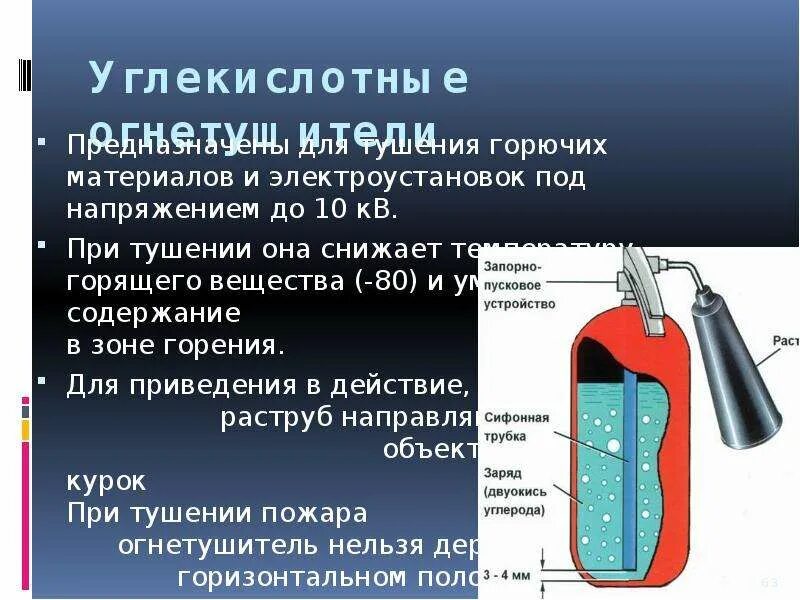 Углекислотный огнетушитель предназначен для тушения. Горючие вещества под напряжением. Тушение горючих веществ. Огнетушители для электроустановок до 10 кв.