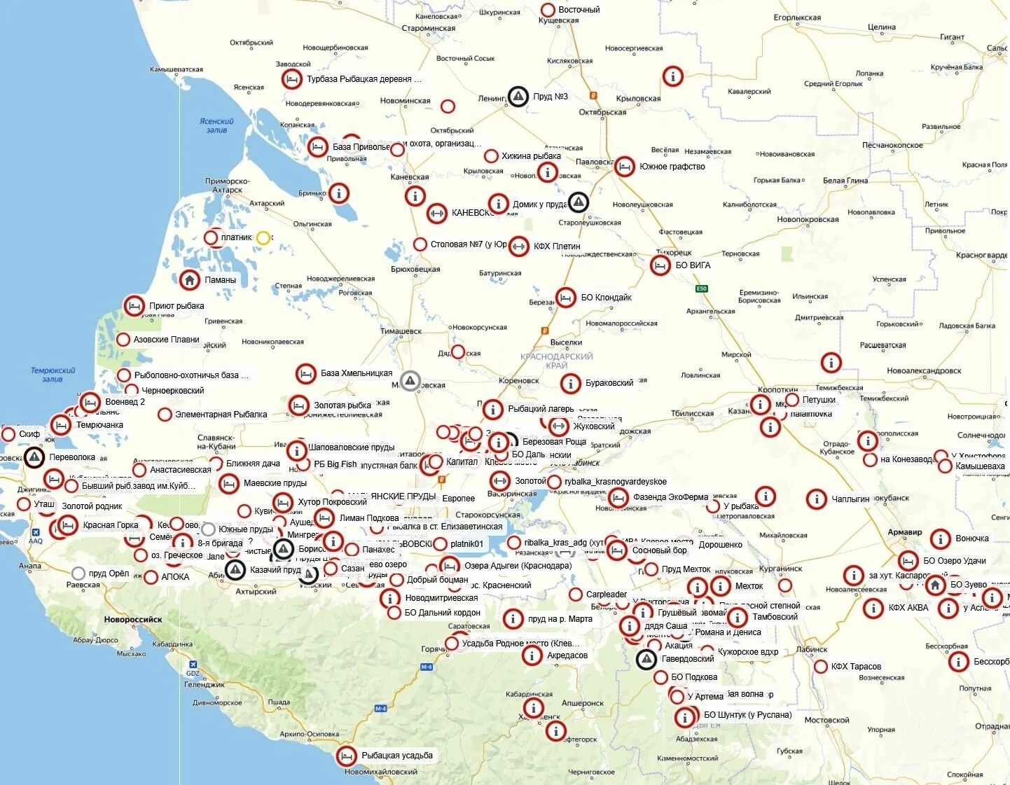 Карта рыболовных мест Краснодарского края. Рыбалка в Краснодарском крае на карте. Рыбацкие места на карте Краснодарского края. Рыбные места в Краснодаре на карте.