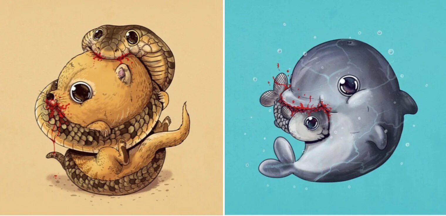 Алекс Солис "милые хищники и их жертвы. Милые рисуночки. Милые животные рисунки. Морские животные арт.