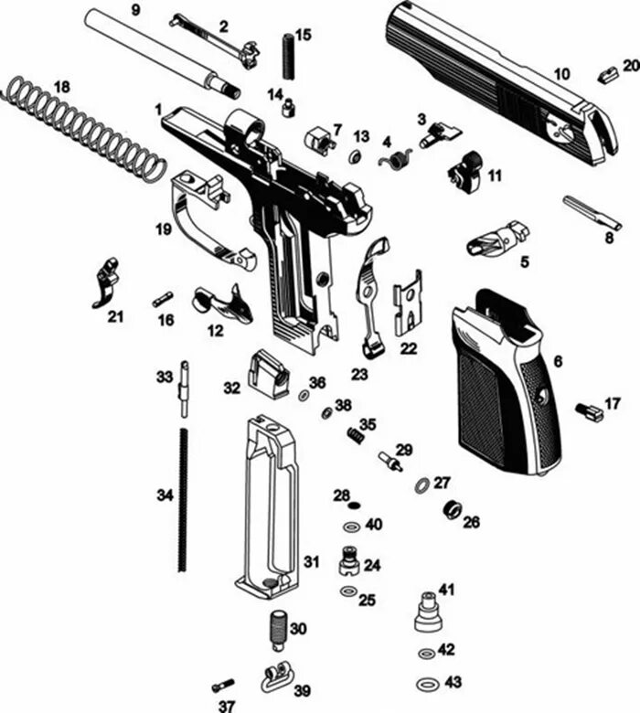 Взрыв схема пневматического пистолета МР-654к. Схема пневматического пистолета Байкал 654к.