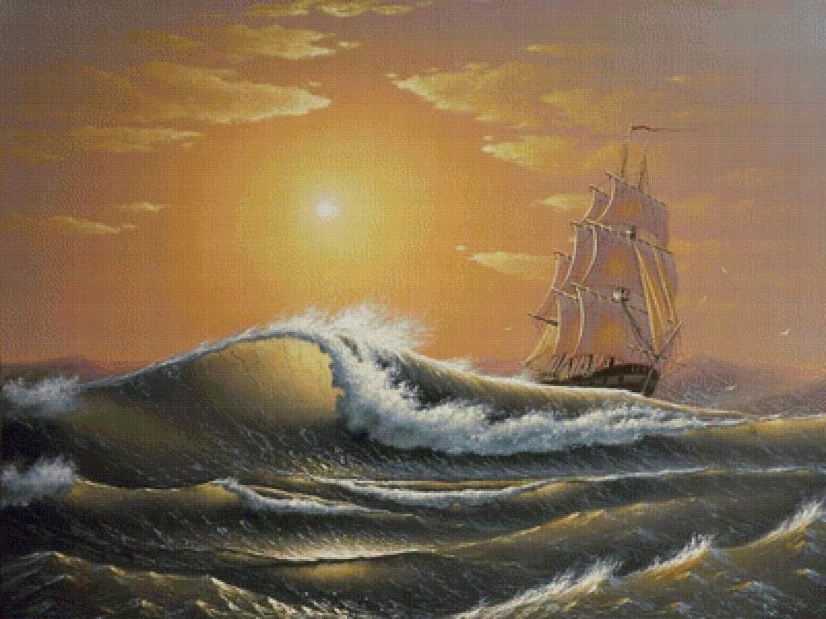 Морской пейзаж. Волны от парусника. Волшебный корабль. Мчится мой парусник в сказочный путь. Корабль уплывает в закат.