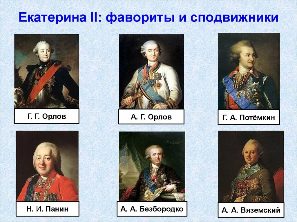 Фавориты значение. Фавориты и сподвижники Екатерины 2. Сподвижники Екатерины 2 Потемкин. Имена фаворитов Екатерины 2.