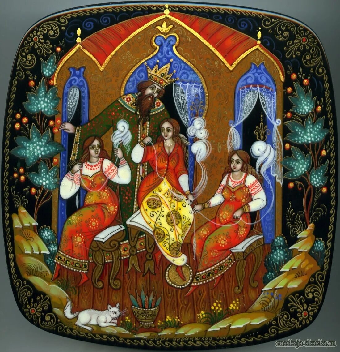 Палехская миниатюра сказки пушкина. Пушкин три девицы под. Салтан сказка о царе салтане. Царь салтан три девицы под окном. 3 девицы под окном пряли поздно вечерком сказка.