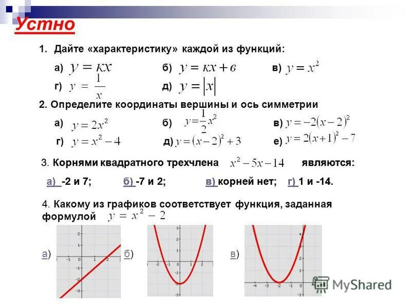 Функция свойства функции квадратный трехчлен