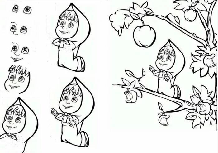 пошаговые рисунки карандашом. раскраски для девочек маша и ме. маша из мультика маша и медведь раскраска. поэтапное рисование девочки для детей. раскраска для девочек маша и мед.