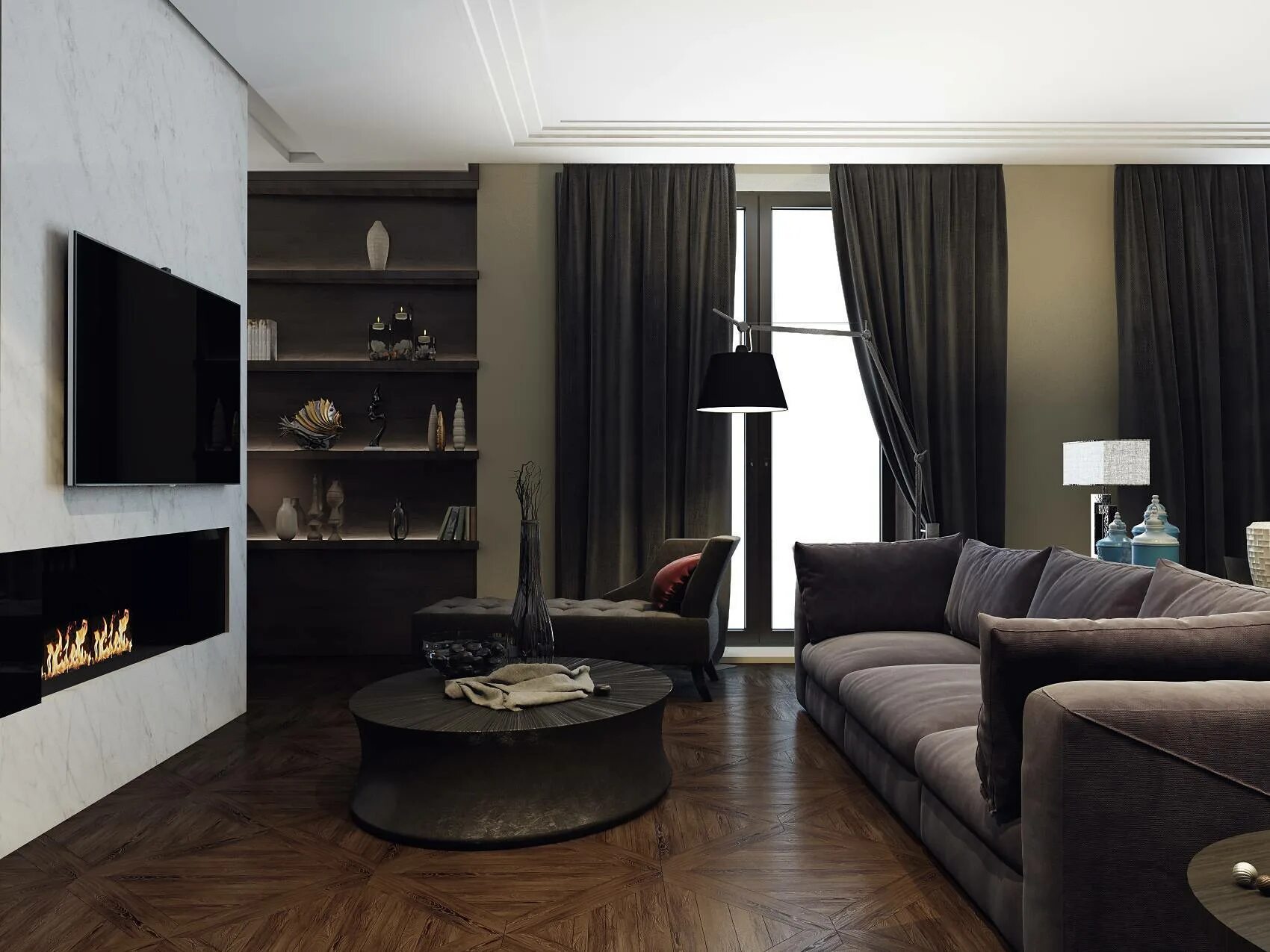 15. Черно коричневый интерьер. Гостиная в стиле хай тек. Гостиная в черно золотых тонах. Темная мебель в гостиной.