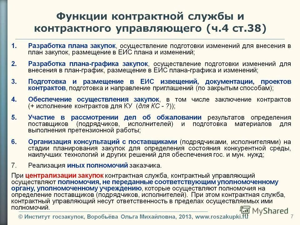 Функции контрактной службы