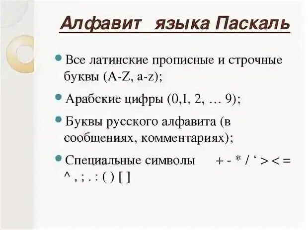 Алфавит языка паскаль информатика