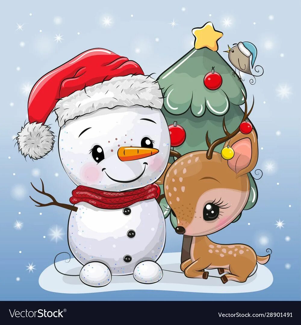 Снеговик и олень. Снеговик возле елки. snowman with christmas tree and deer.