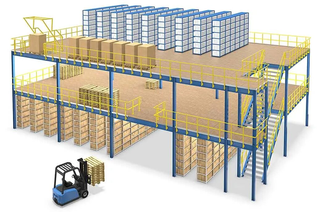 Мезонин стеллажи для склада. Мезонин на паллетных стеллажах. Складской Мезонин на колоннах. Мезонин на основе фронтальных стеллажей.