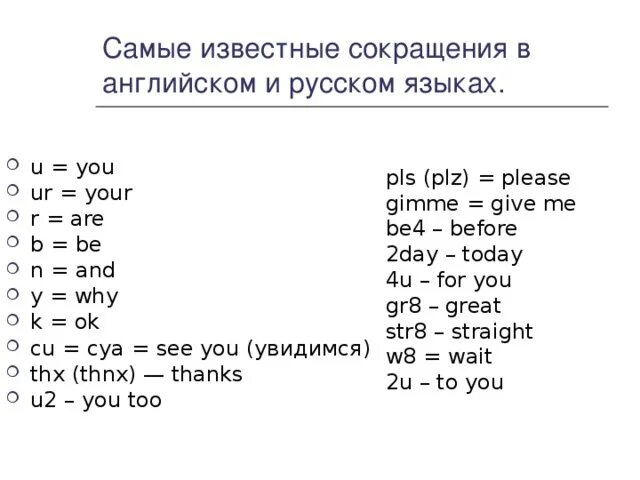 Перевести understand. Сокращения в английском языке. Сокращения в английском языке сленг. Коарщения в английском. Сокращщщениz в английском языке.