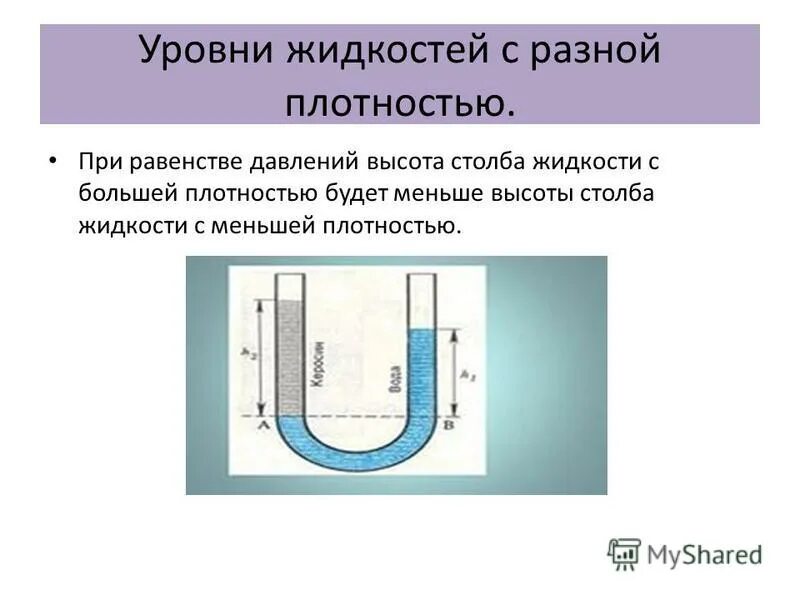 Сообщающиеся сосуды физика кратко. Установление уровня жидкостей разной плотности. Сообщающиеся сосуды с разными жидкостями. Формула сообщающихся сосудов. Расчет давления столба жидкости.