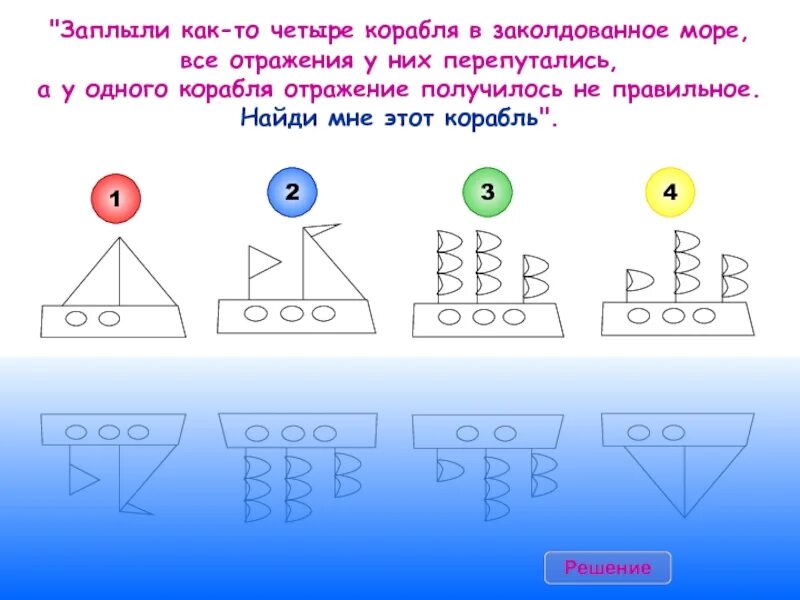 Выбери рисунок на котором изображен. Найдите верное зеркальное отражение корабля. Как корабль отражается в воде выбери рисунок учи ру. Выбери рисунок на котором верно показано как корабль отражается. Отражение кораблей на море учи ру.