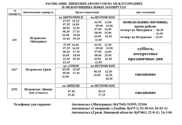 Мичуринск петровское расписание