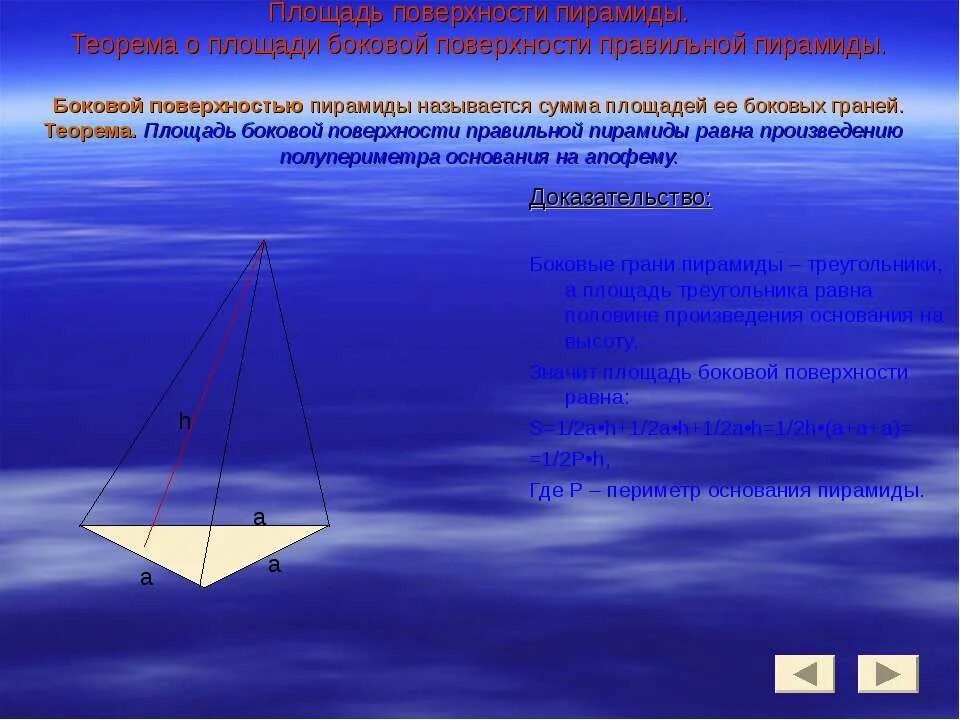 Боковой поверхностью пирамиды называется. Теорема о площади поверхности правильной пирамиды. Название элементов пирамиды. Боковая поверхность пирамиды. S полной боковой пирамиды