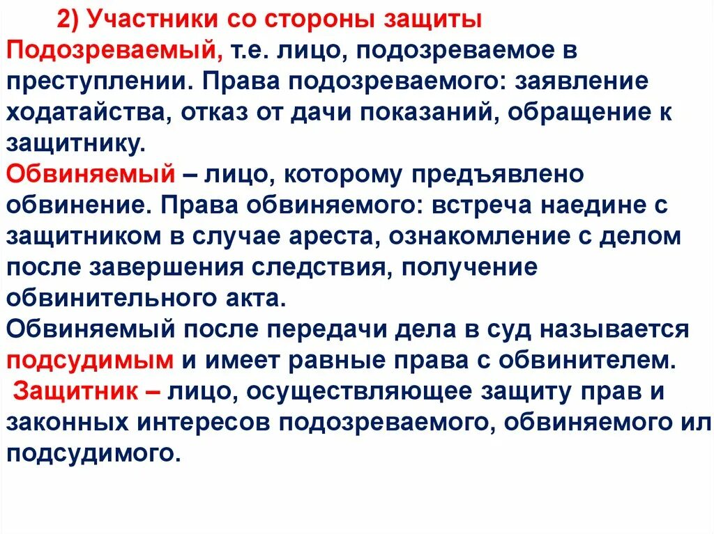 Сторона защиты прав обвиняемого. Лицо которому предъявлено обвинение называется. Участники со стороны защиты. Подозреваемые и обвиняемые имеют право