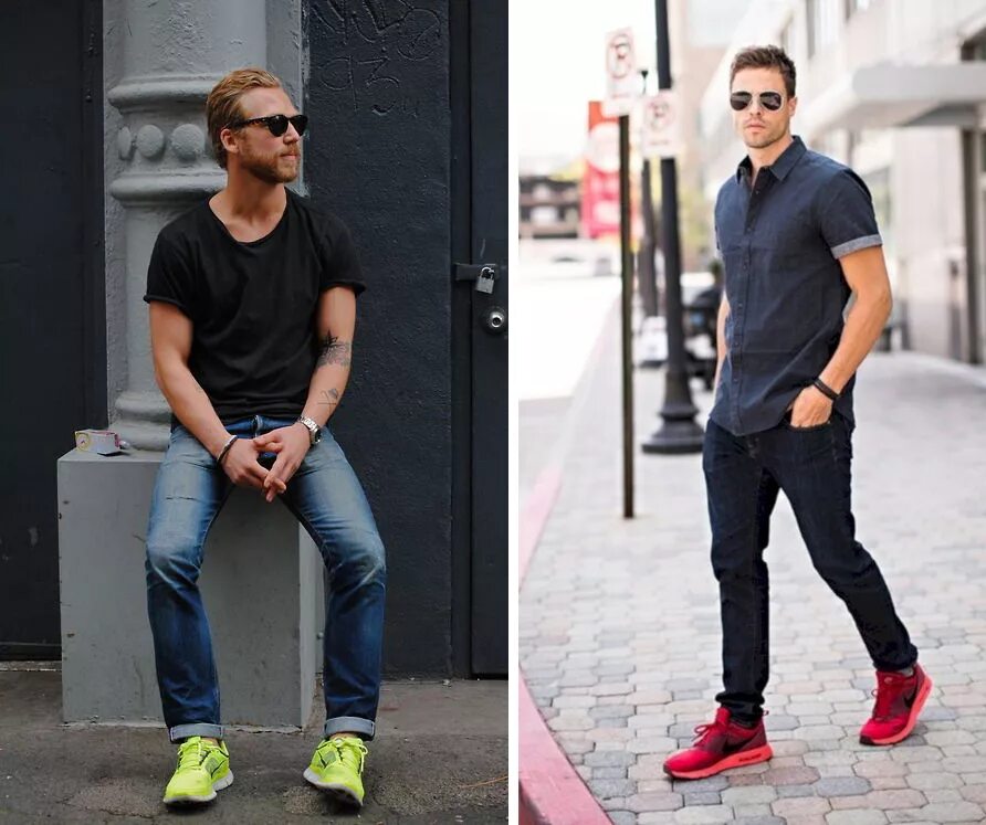 Можно ли кроссовки. Кроссовки под джинсы мужские. Кроссовки с джинсами мужские. Красные кроссовки и джинсы. Стиль под спортивные кроссовки мужские.