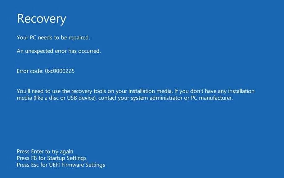 Ошибка виндовс 10. Recovery Windows 10 ошибка. Код ошибки Windows 10. Код ошибки 0xc0000225. Error code 225