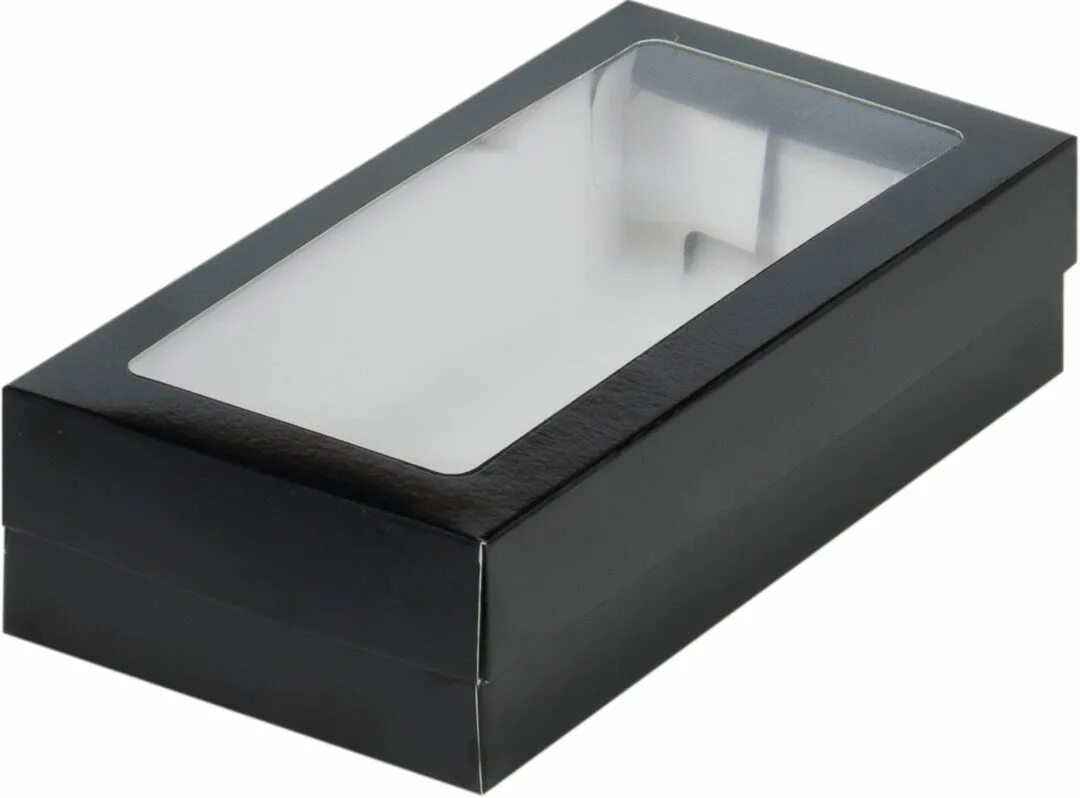 Черные коробки с окном. Коробка для десертов черная. Черная коробочка для пирожных. Коробка для макарон с окошком 210*55*55мм (1 ряд).