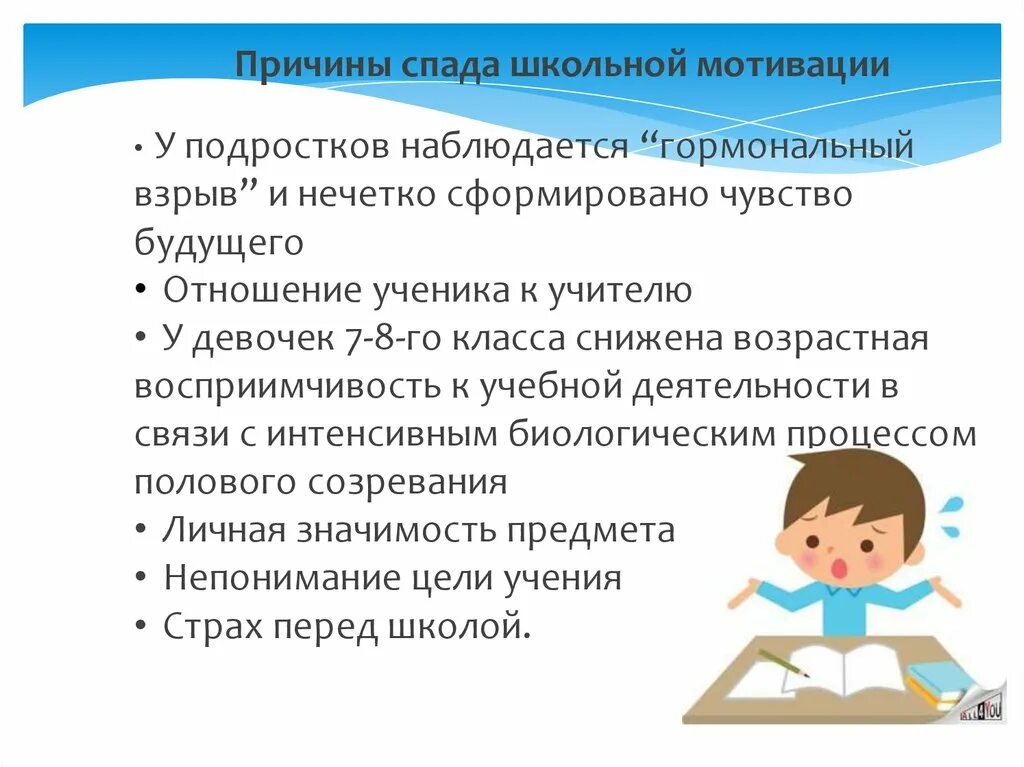 Школьная мотивация подростков. Причины спада школьной мотивации. Причины мотивации. Причины спада учебной деятельности у подростков. Причины снижения уровня школьной мотивации.