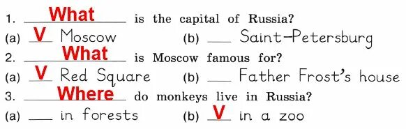 Tick the questions. Tick the right answer. Questions about Moscow. Right answer.