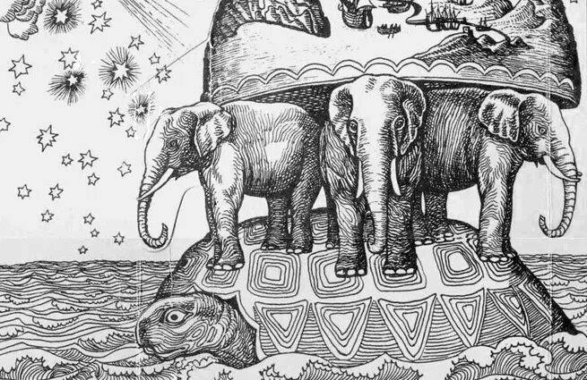 Мир на трех слонах. Земля на слонах. Земля на слонах и черепахе. Слоны на черепахе. Земля на трех слонах.