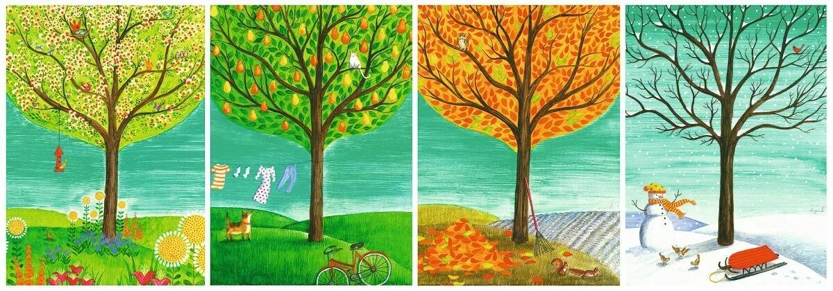 Время года расположен он на. Времена года иллюстрации. Нарисовать времена года. Дерево в разные времена года. Иллюстрации с изображением времен года.