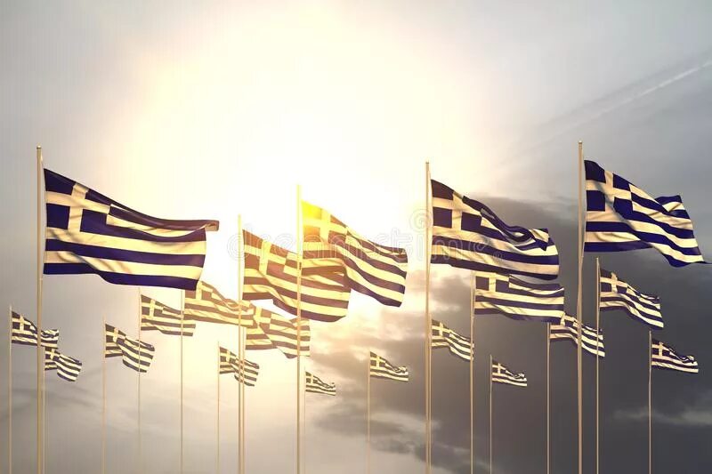 Много на греческом. Закат с греческим флагом. Flags celebrating Gold.
