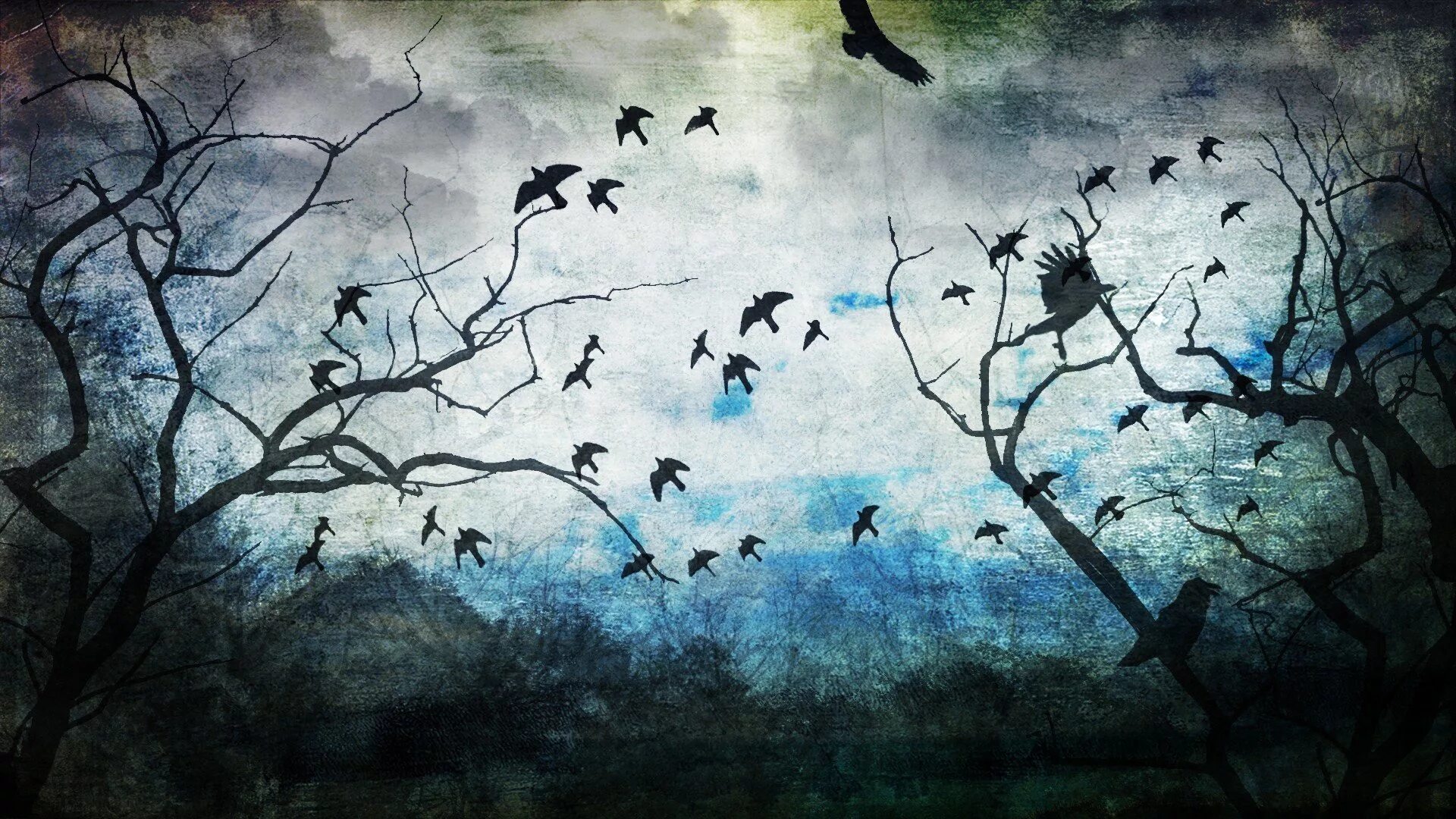 Мрачный фон. Мрачный пейзаж. Птицы в лесу.
