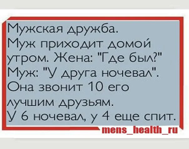 Анекдоты муж пришел домой. Анекдоты про мужскую дружбу. Анекдот про друзей мужа. Анекдот про женскую и мужскую дружбу. Муж не пришел ночевать