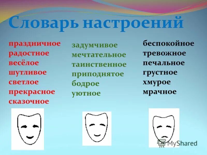 Какое литературное настроение. Словарь настроения для начальной школы. Словарь чувств и настроений начальная школа. Словарик настроения. Какие бывают настроения у человека.