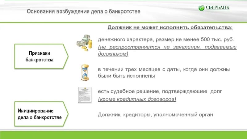 Основания возбуждения конкурсного производства. Возбуждение дела о банкротстве. Возбуждение процедуры банкротства. Условия возбуждения дела о банкротстве. Сбербанк банкротства кредитов