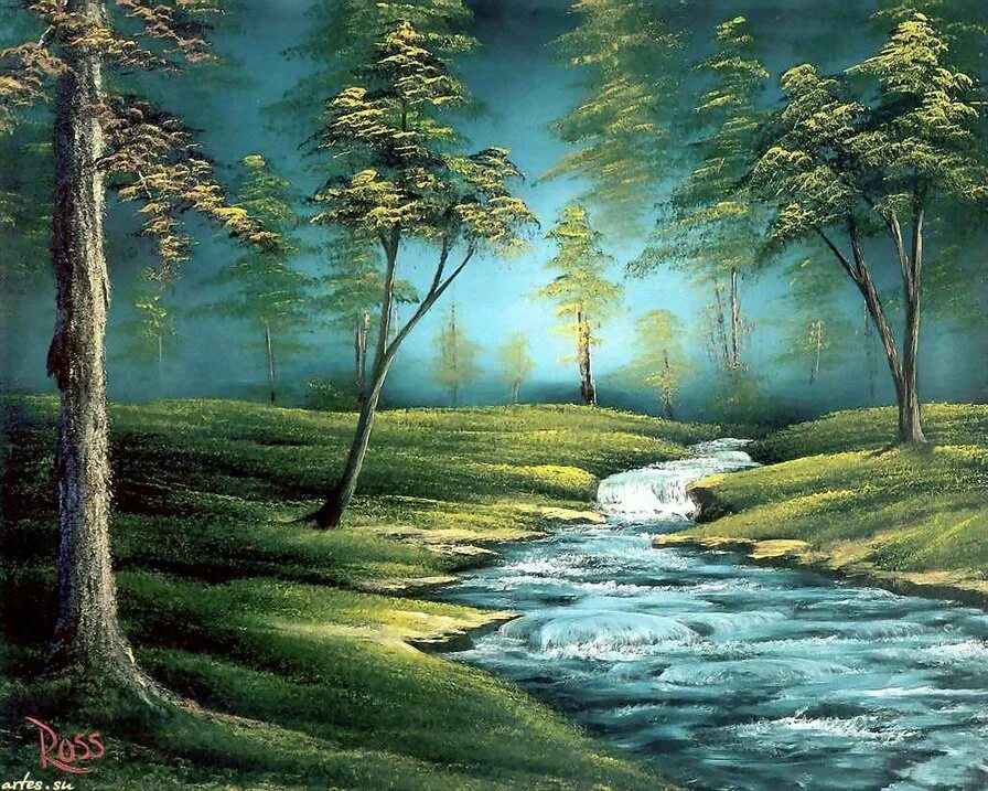 Я иду берегом своего любимого ручья. Художник Боб Росс картины. Боб Росс картины лес. Американский художник пейзажист Боб Росс. Лесной пейзаж Боб Росс.