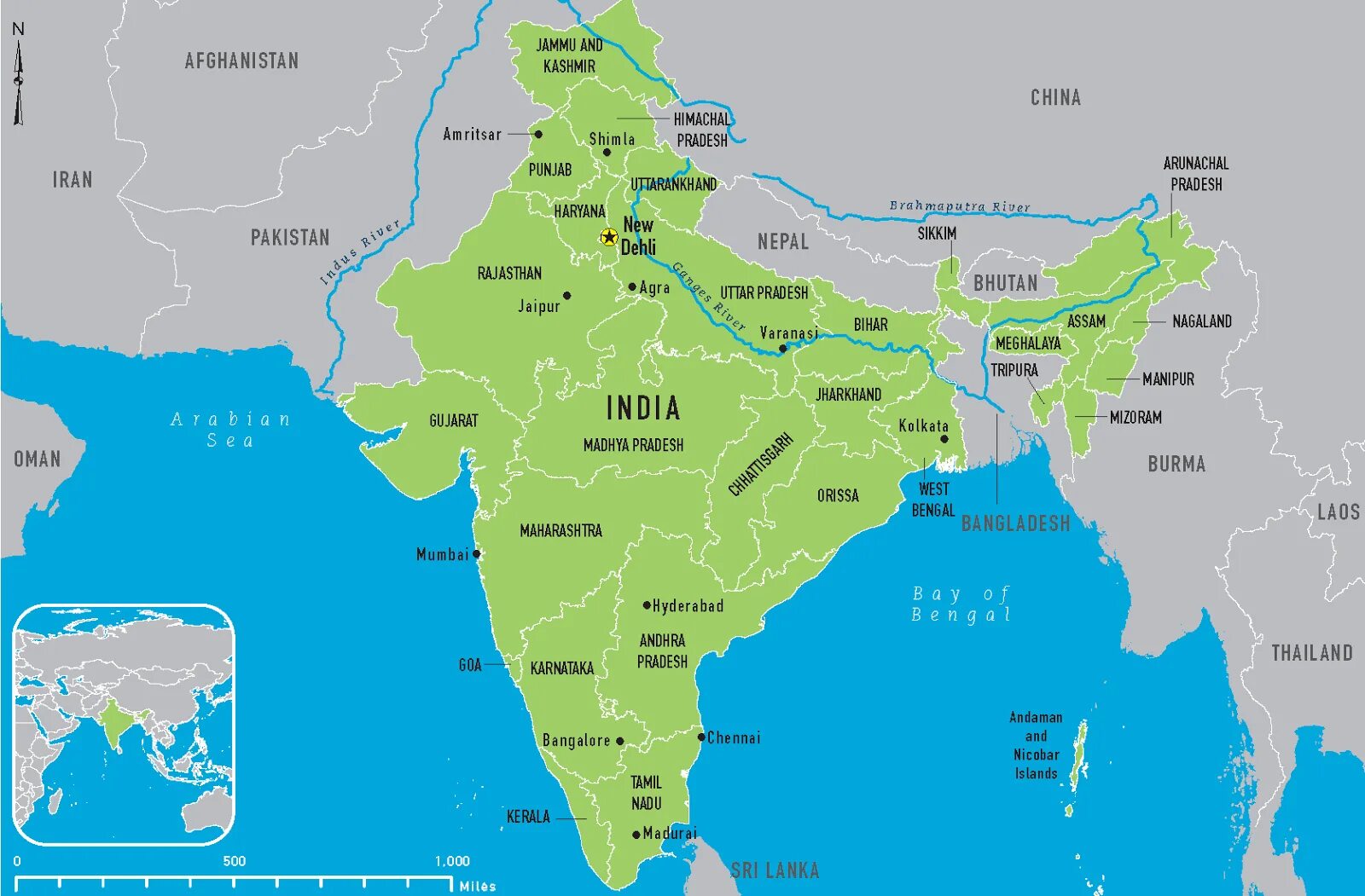 Политическая карта Индии. Индия на карте. Территория Индии.