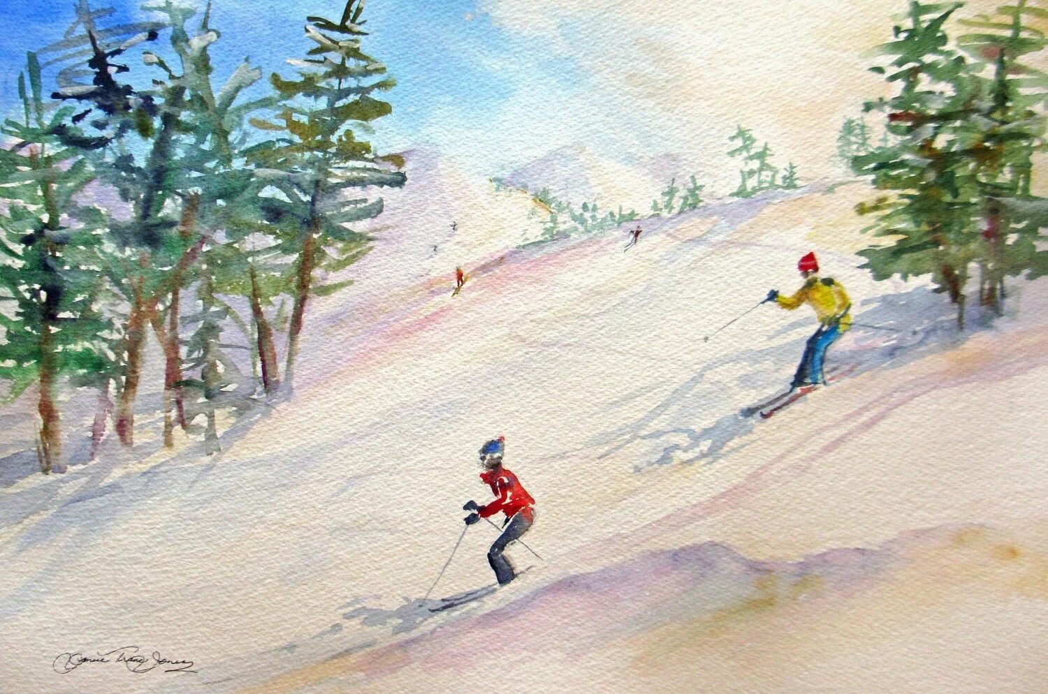 Картина лыжники. Пейзаж с лыжниками. Лыжник акварель. Горные лыжи живопись. Зимний пейзаж с лыжником.