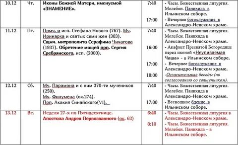 Расписание богослужений благочиние